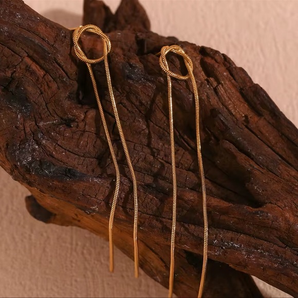 ◾️18k Gold Plated Circular Wire Snake Two Long Tassel Earrings - Picture 4 of 6